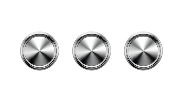 Metallic button set glossy reflections isolated on pure white background in modern stylish design
