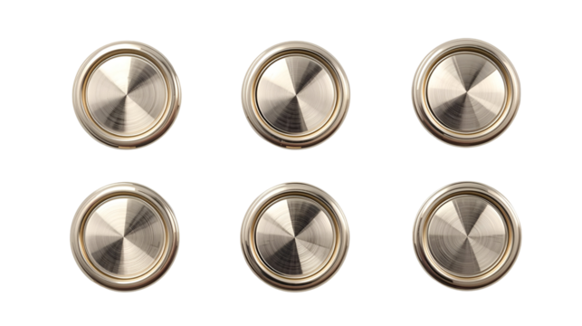 Metallic button set glossy reflections isolated on pure white background in modern stylish design
