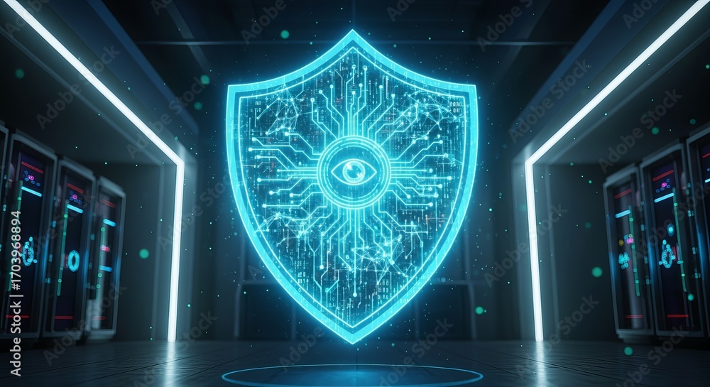 Poster cyber shield fortress: a mesmerizing visual representation of digital security, showcasing a glowing