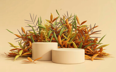 Two beige cylindrical pedestals stand on a light backdrop surrounded by colorful autumn leaves