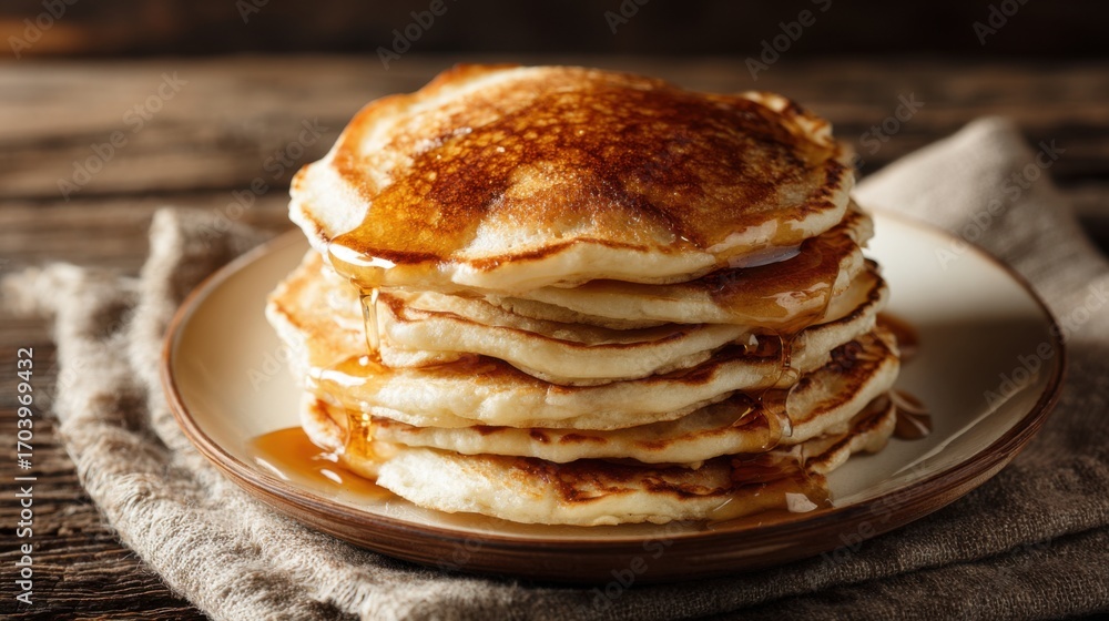 Poster a large stack of golden, fluffy pancakes is drizzled with rich syrup, served on a simple plate at a 