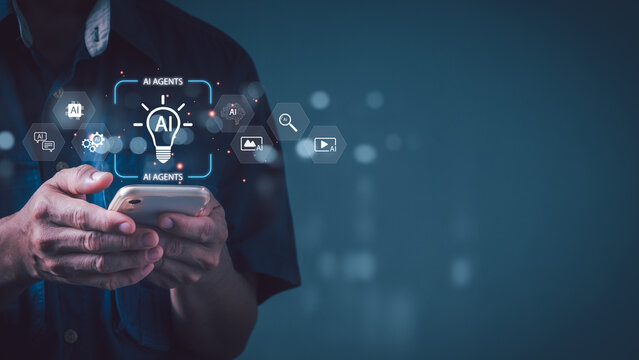 A professional uses a smartphone to access futuristic AI agents with icons for chat, search, and cloud data, representing artificial intelligence, smart business solutions, and digital innovation. - Powered by Adobe