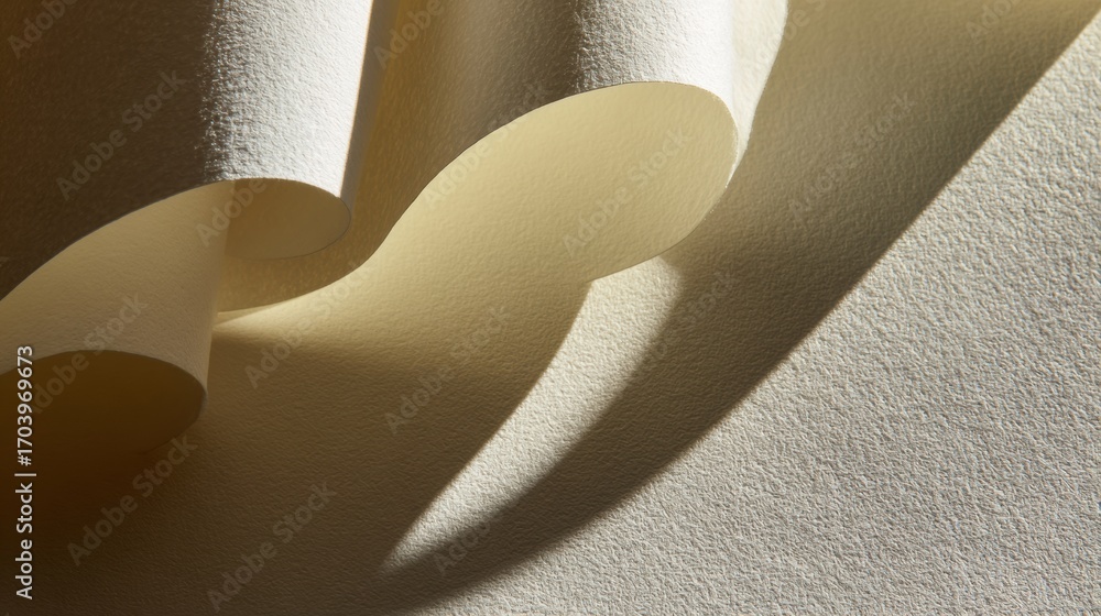 Poster soft light casts gentle shadows on curled paper creating an elegant artistic display in a bright wor