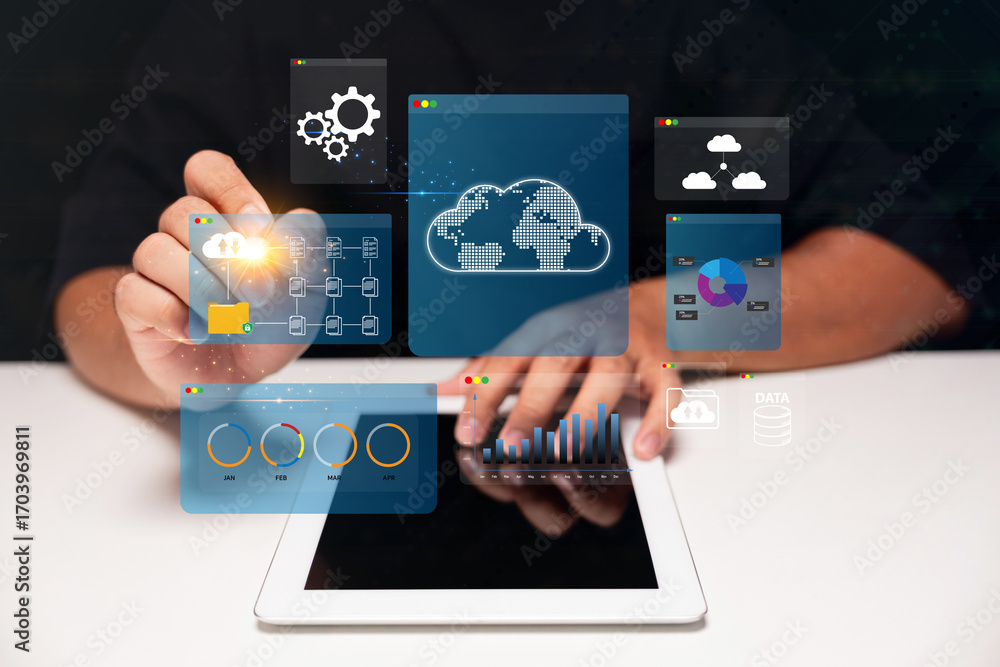 Poster a person interacts with digital elements on a tablet, showcasing data analytics, cloud technology, a