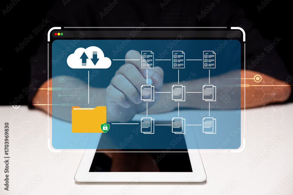 Poster a digital interface depicting cloud storage and file management, with hands in the foreground intera