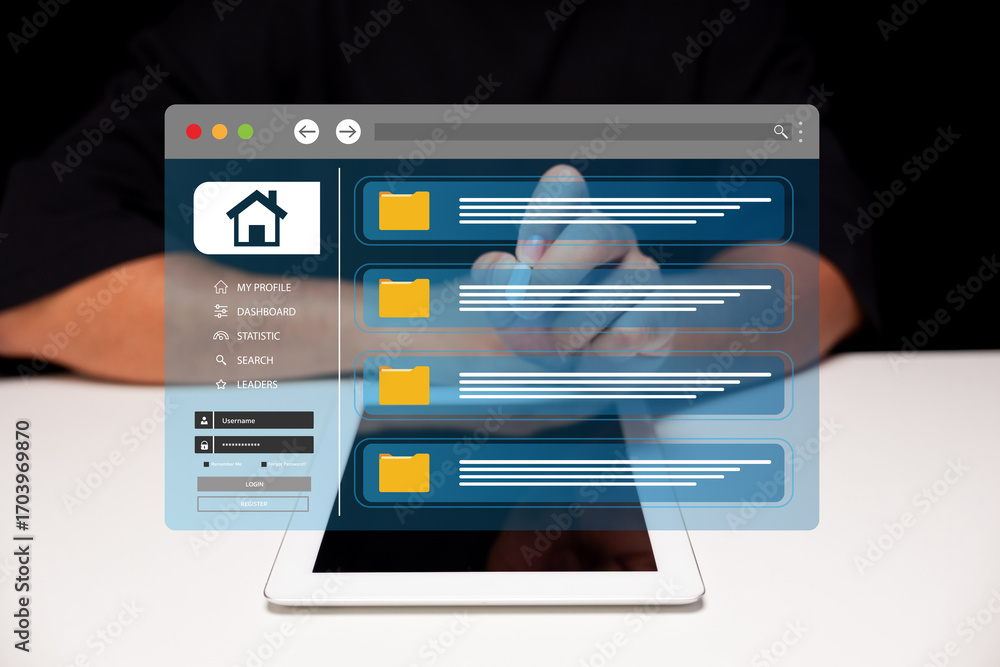 Poster a person interacts with a digital interface on a tablet, showcasing folders and navigation elements 