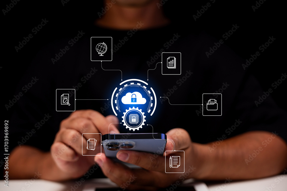 Poster a person holds a smartphone with cloud security icons, symbolizing digital connectivity and data pro