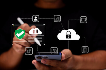 A person holding a smartphone with digital security icons and cloud graphics, illustrating cybersecurity and data protection in a modern context.