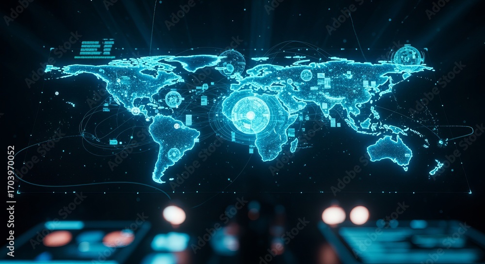 Poster digital world map: futuristic world map glows with neon light, illustrating a complex network of dat