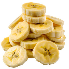 Banana slices fruit food healthy diet nutrition yellow tropical sweet isolated transparent in clear view with natural colors and sharp focus on a plain background. Simple clean style for stock use in