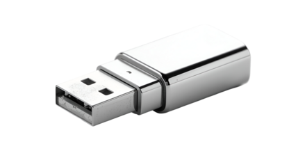 Metallic USB flash drive with reflective casing isolated on pure white background in modern design
