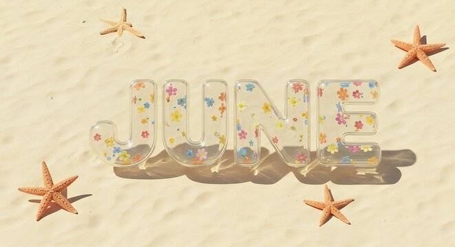 Hello June summer greeting concept. Creative 3D text with a colorful floral pattern on a bright sandy beach background with starfish