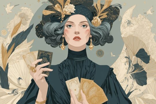 Fortune teller holding tarot cards surrounded by golden flowers and birds, divination and spirituality concept