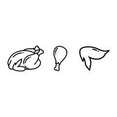 A simple black line illustration featuring various chicken cuts. Includes whole chickens, chicken thighs, and chicken wings, perfect for food related designs.