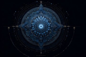 Complex blue and gold mandala radiating cosmic energy, symbolizing universal harmony and balance