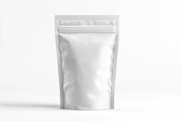 Front view mockup of a plain white stand-up pouch packaging, isolated on white background, perfect for food, snack, coffee, or product branding presentation.Front view mockup of a plain white stand-up