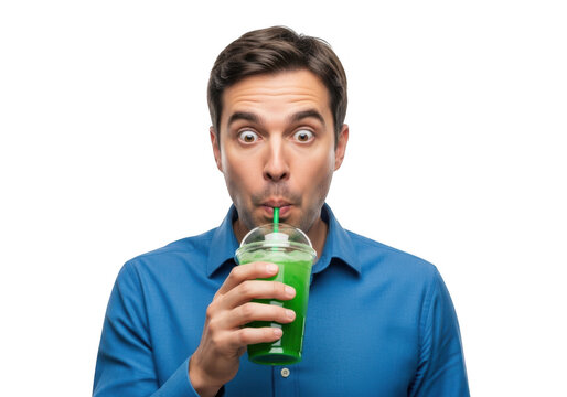 Surprised man drinking green smoothie with straw, healthy lifestyle, nutrition, detox, diet, isolated on transparent background