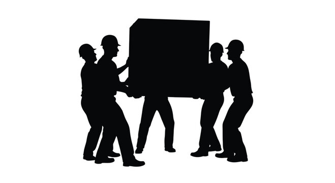 Teamwork silhouette of six people lifting a large heavy object together seamlessly vector