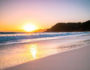 Fototapeta premium Serene beach scene at sunset with gentle waves lapping onto the shore and a vibrant sky reflecting on the wet sand.