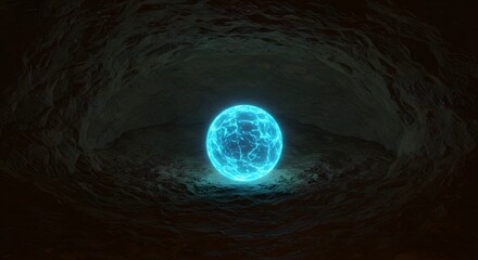 Fototapeta premium A glowing crystal sphere inside a barren cave, symbol of hidden potential.