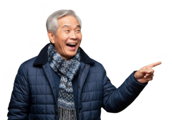 Laughing senior man in winter jacket pointing right, asian elderly male model, presentation gesture, isolated on transparent background