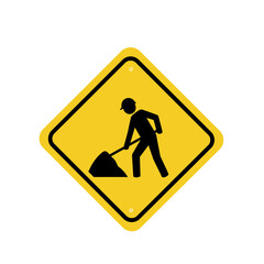 Construction Zone Warning Sign – Worker with Shovel Silhouette on Yellow Diamond