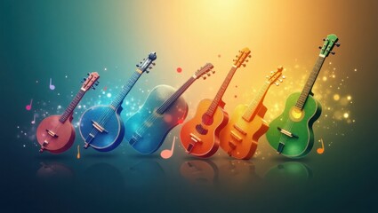 Fototapeta premium Instrumentos musicales de diferentes culturas brillando en colores vibrantes, flotando en armonía, simbolizando la unidad a través del ritmo y las emociones