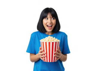 Excited woman holding popcorn bucket png image for movie night, snack time, and celebration isolated on transparent background