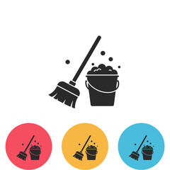 Cleaning Equipment Icon – Mop and Bucket with Soap Bubbles Silhouette