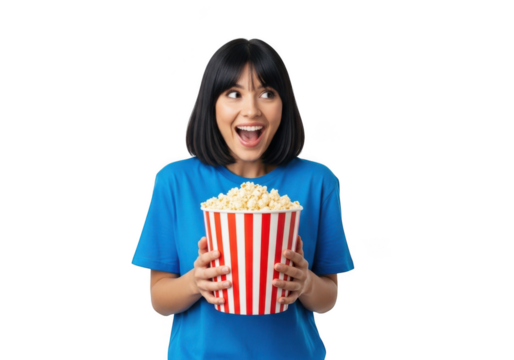 Excited woman holding popcorn bucket png image for movie night, snack time, and celebration isolated on transparent background