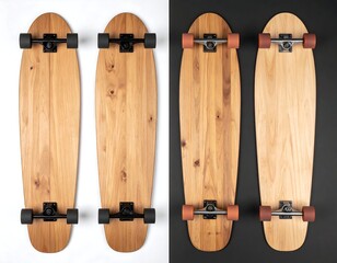 Two wooden skateboards, side-by-side