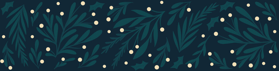 Premium Luxury Christmas Horizontal Banner with Dark Botanical Greenery and White Berries