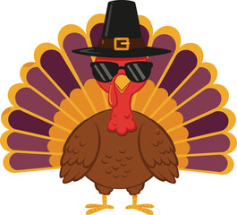 Cool Thanksgiving turkey wearing sunglasses and pilgrim hat with colorful feathers, cartoon bird character for autumn holiday celebration design.