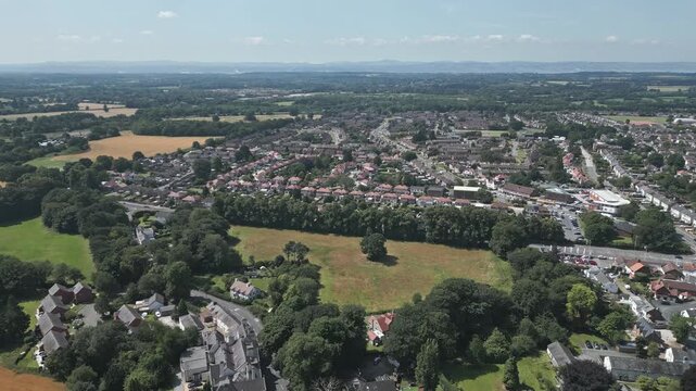 Aerial view of  a housing estate callled Mill Park in an English village, named Eastham, Wirral, England