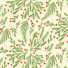 Traditional Holly Berry Christmas Seamless Pattern with Green Foliage and Red Accents on Beige Background