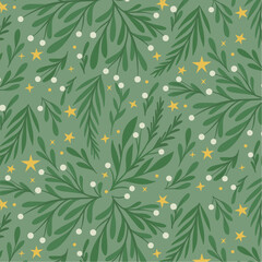 Mistletoe Botanical Christmas Seamless Pattern with Green Foliage, White Berries and Golden Stars
