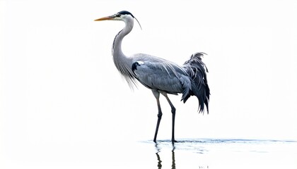 Obraz premium Crane bird with tall slim legs long pointed beak elegant gray feathers and water bird posture isolated on white background 
