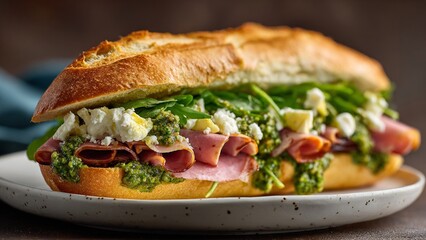 Artisan Ham and Pesto Sandwich on Crusty Bread. A delicious and gourmet sandwich on a white plate. 

