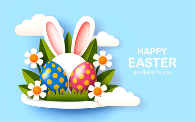 Paper cut Easter White bunny ears two decorated eggs flowers grass clouds Happy Easter message