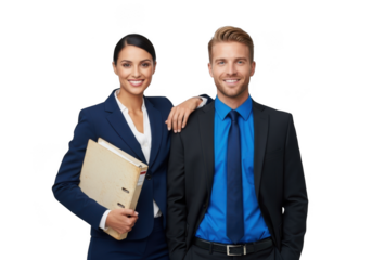 Professional business team man and woman in suits posing for corporate portrait with files isolated on transparent background