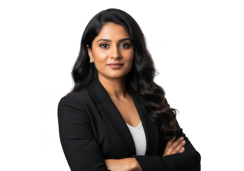 Professional headshot of a confident indian businesswoman with arms crossed, corporate portrait, png image, isolated on transparent background