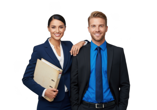 Professional business team man and woman in suits posing for corporate portrait with files isolated on transparent background