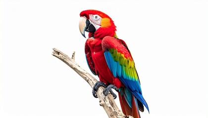 Colorful parrot with vibrant red green and blue feathers curved beak and perched exotic tropical bird isolated on white background
