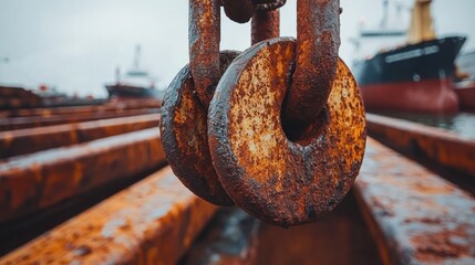 Rusty metal chain links, close-up.  Heavy industrial chain with weathered, oxidized links.  Focus on circular metal plates connecting the chain.  Background of other ships and metal beams