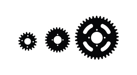 Three black metal gears of varying sizes arranged left to right in increasing size vector