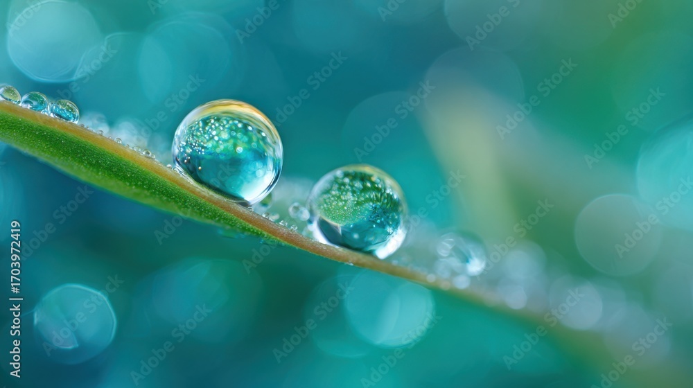 Poster Raindrops cling to a vibrant green leaf, reflecting light and creating a sparkling effect. The background features a soft bokeh of varying shades of blue and green, enhancing the tranquil atmosphere.