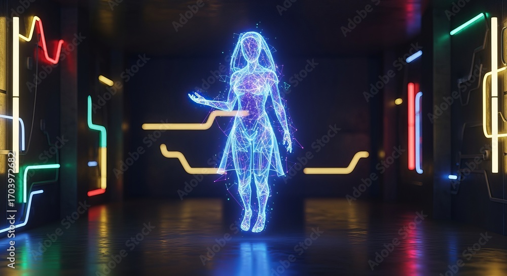 Poster digital avatar in cyber city: futuristic scene with a digital avatar of a woman projected amidst vib