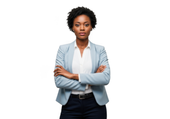 Confident african american businesswoman with arms crossed wearing a blazer stock photo isolated on transparent background
