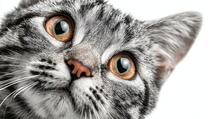 Close-up of a gray tabby cat with large amber eyes and distinct stripes. The cat's face is centered against a white background, showcasing its features clearly.