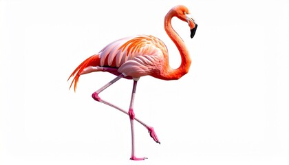 Flamingo bird with long thin legs curved beak elegant neck and pink tropical water bird appearance isolated on white background
